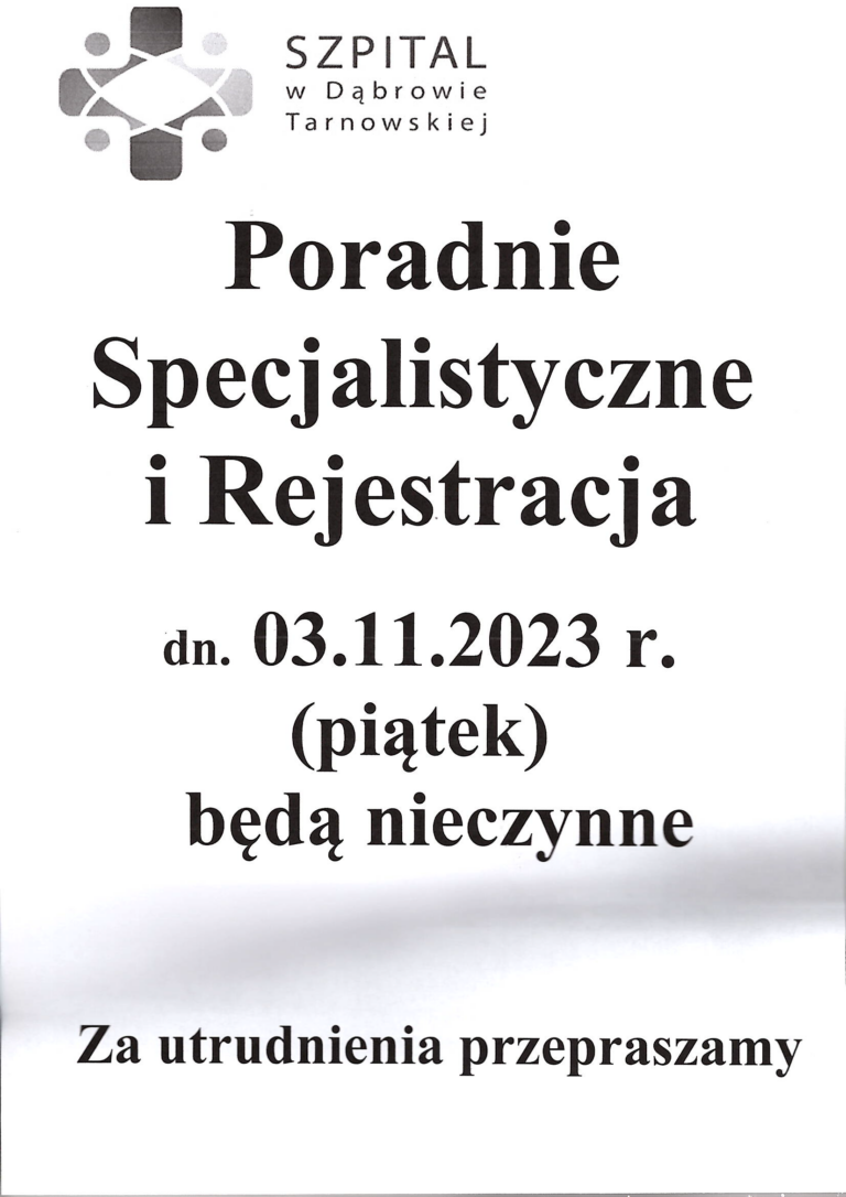 Godziny pracy rejestracji ogólnej i poradni specjalistycznych w dniach 2-3.11.2023 r.