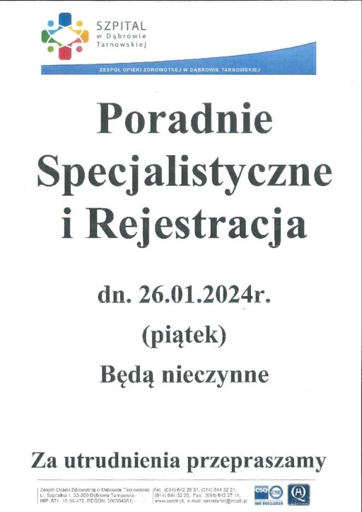 Godziny pracy rejestracji ogólnej i poradni specjalistycznych w dniu 26.01.2024 r.